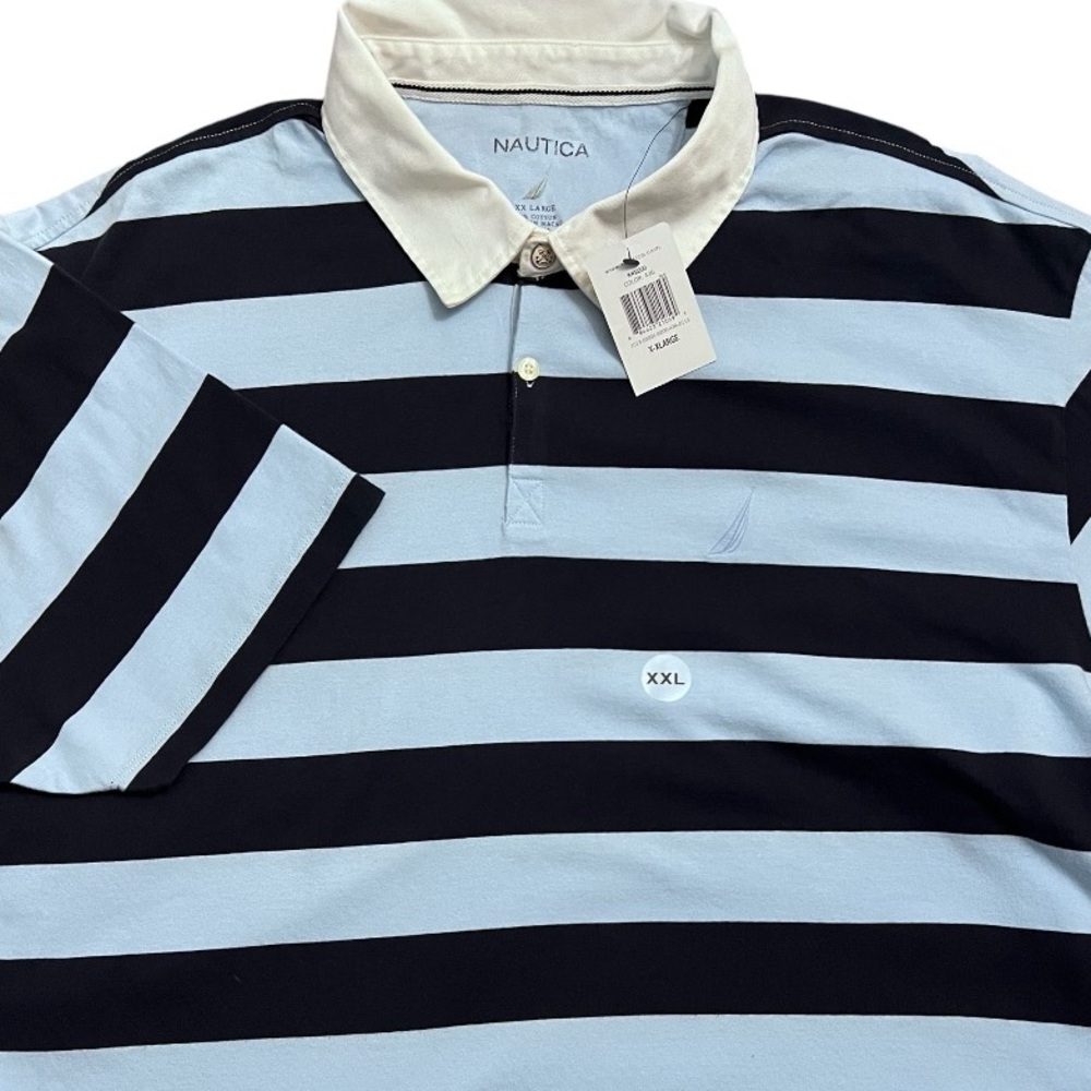 Men’s Nautica Short Sleeve Rugby Shirt Blue Stripe Cotton Preppy Collar XXL 2XL